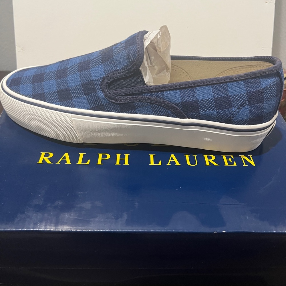 Polo Ralph Lauren Mytton Indigo twill plaid Slip on Sneaker NIB Men’s 8.5D